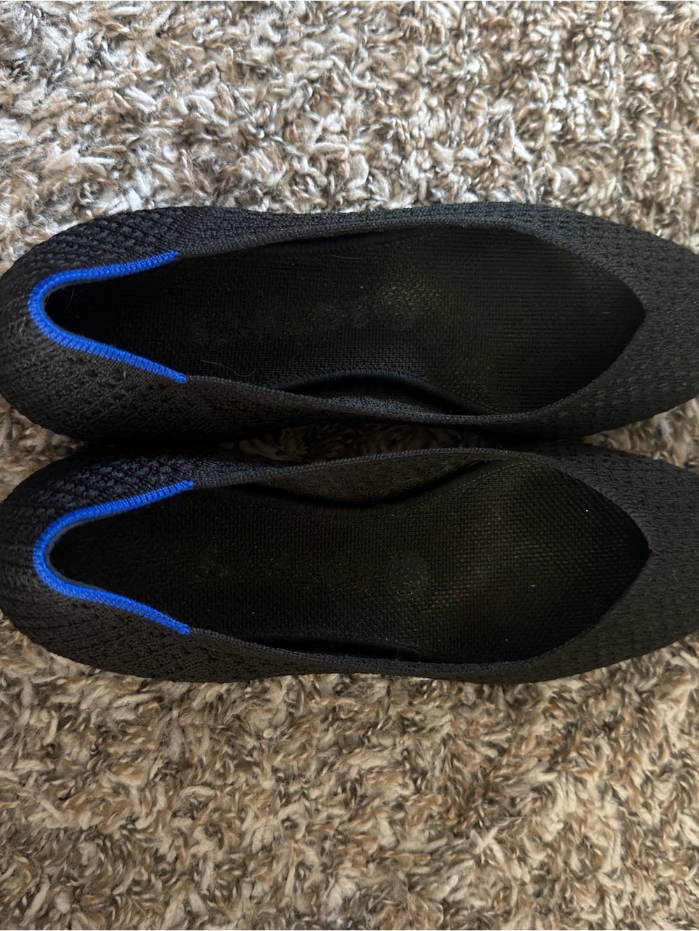 Rothy’s Black Knit Slip-On Ballet Shoes with Blue Trim